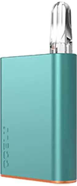 A teal CCELL palm vape battery